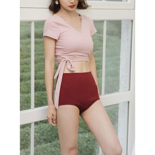 Lady Short Sleeve Triangle Small Chest Gathered Sexy Round Collar High Waist Two-Piece Split Swimsuit for Woman