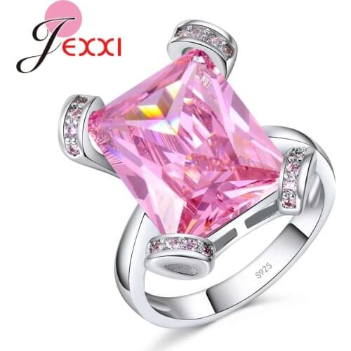 Shining Pink CZ Ring with Solid 925 Sterling Silver Zircon Stone Bague Women Wedding Cocktail Party Jewelry Top Quality