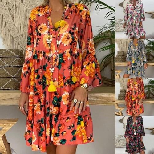 Beachwear Stylish V Neck Long Sleeve Buttons Dress Dress Women Dress Long Sleeve for Daily Wear