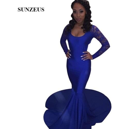 Royal Blue Mermaid Prom Dress With Lace Long Sleeves African Black Girls Simple Party Gowns Elegant vestido largo azul