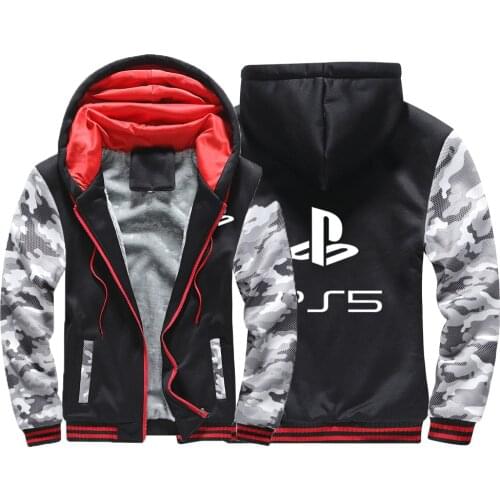 Winter Man PlayStation Printing Hoodies New Male Plus Velvet Thickening Casual Sweatshirts Zipper Jacket Male Outerwear Coats