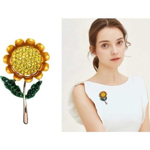 Gold Color Alloy Yellow Crystals Sunflower Brooch Fashion Luxury Flower Pin For Girls' Shirt Delicate Gift Jewelry