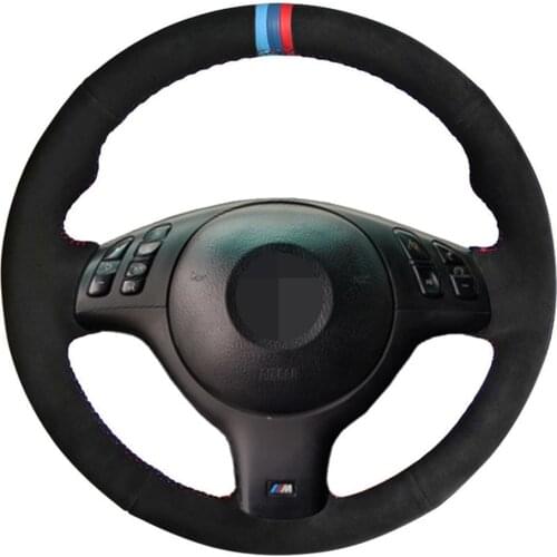 Car Steering Wheel Cover Hand-stitched Black Genuine Leather Suede For BMW E46 M3 E39 330i 540i 525i 530i 330Ci 2001 2002 2003