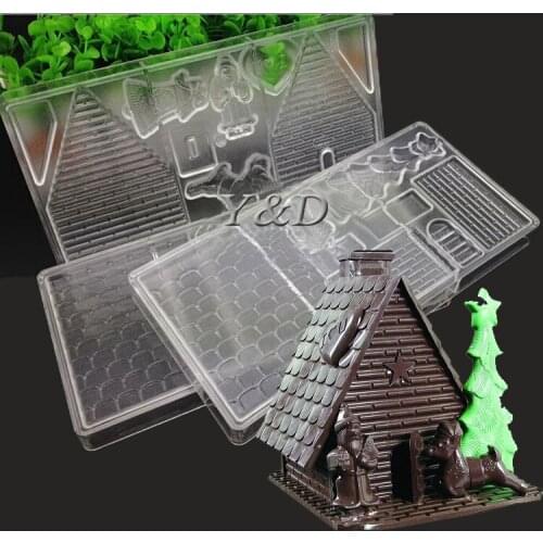 For Christmas Decoration Gift Polycarbonate PC Hard Plastic Xmas Candy House Mould With Santa Claus Deer Tree Chocolate Molds