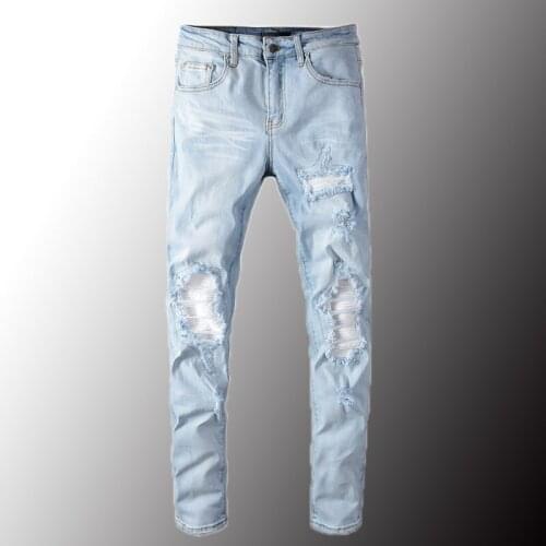 New Luxury Mens Pale Light Blue White Pleated Patchwork Jeans Fashion Slim Skinny Holes Ripped Stretch Denim Pants Size 40