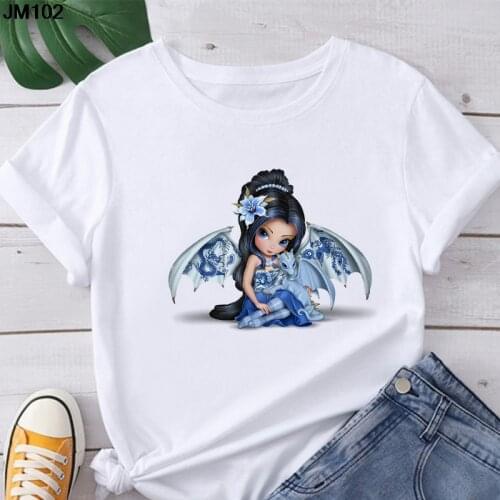 Anime Girl With Wings Print T-shirt Summer Thin Womens Tops Tshirt Harajuku Fashion Short Sleeve White Womans T Shirt Clothing