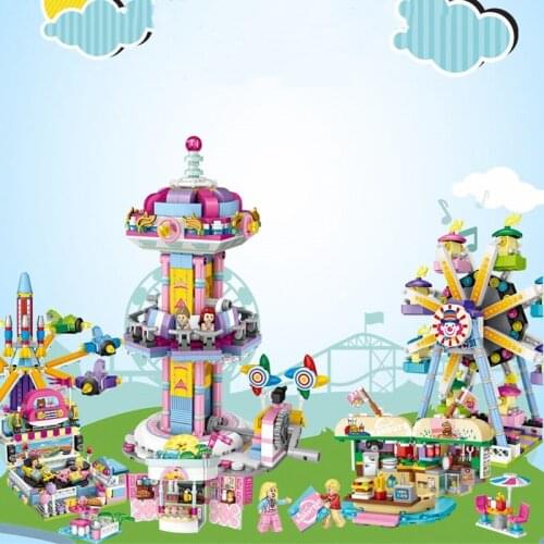 Single Building Blocks Cartoon Bricks Fries Shop Cake Shop Carousel Bumper Cars Crane Machine Toys for Children Gift