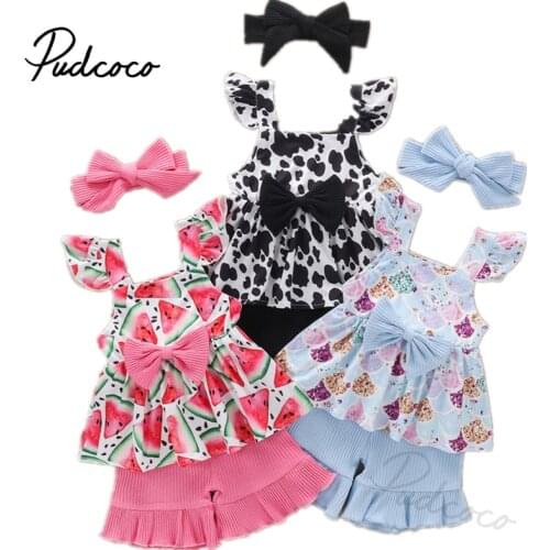 2021 Baby Summer Clothing 3Pcs Outfit Girl Clothes Fresh Printing Skirt Sleeveless Top and Solid Color Short Pants and Headband