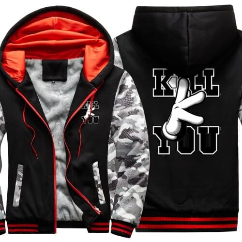 Kill You Print Camouflage Mens Raglan Thicken Jackets Dark Blue Hip Hop Mans CoatsHarajuku Long Sleeve Tops Fashion Retro Homme
