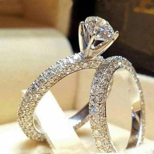2021 New Trendy Wedding Engagement Double Ring Set For Women Men Shine White Zircon Silver Plated Jewelry Party Birthday Gifts