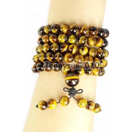 Natural Tigers Eye 8mm Gem Stone Buddhist 108 Beads Prayer Mala Multi-Purpose Stretchy Bracelet Necklace 2Strands/Pack