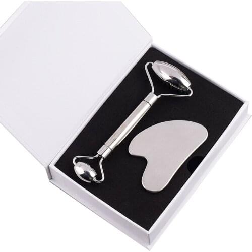 Stainless Steel Facial Massager Roller Gouache Scraper Face Massager Roller and Gua sha Set Tool Slimming Face Wrinkle Removal