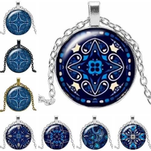 2019 New Creative Blue Classic Geometry Kaleidoscope Chain Gift Glass Convex Round Pendant Necklace Fashion Jewelry