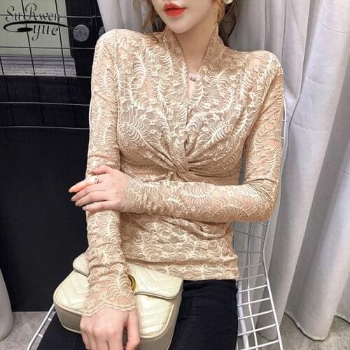 2021 Spring and Autumn New Tight Hollow Lace Shirts Long Sleeve Top Female Vintage Sexy Cross V-neck Lace Bottoming Shirt 10634