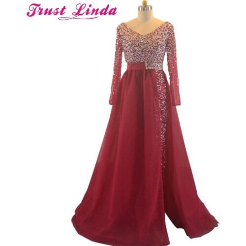 Real Sample New Collection Mother Dresses long Sleeves Handmade Beaded Crystal Burgundy A-Line Prom Dresses Long evening Gowns