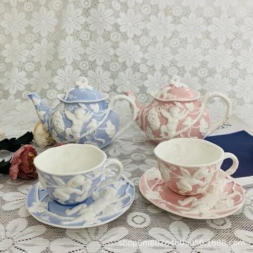 Relief Angel hand-painted isolation color glaze European style high-grade coffee cup plate afternoon Camellia teapot