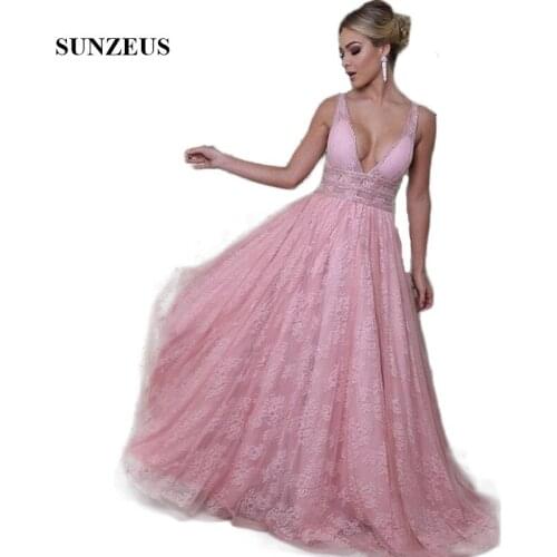 Pink Lace Bridesmaid Dresses A-Line V Neck Sexy Girls Formal Prom Party Dresses Long Sheer Waist Maid of Honor Dresses SBD102