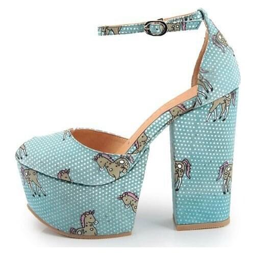 Fashion Mary Janes Horse Printed Green Fabric Sandals Chunky Heel Peep Toe Ankle Strap High Platform Zapato Girls Shoes