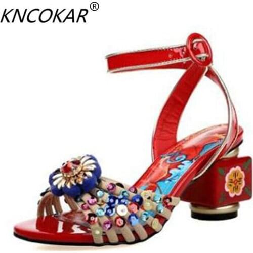 Thick high-heeled leather sandals female summer national classical elegant hand-painted flowers peep-toe diamond retro cheongsam