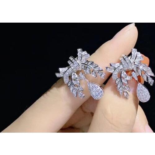 Feather leaf 925 sterling silver with cubic zircon bowknot stud earring 17*23MM fine women jewelry free shipping