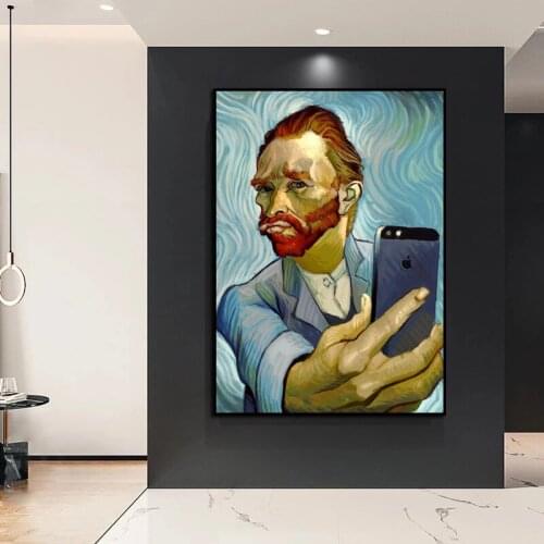Funny Art Van Gogh Selfie By Phone Canvas Art Posters Prints Canvas Paintings Wall Art Pictures for Living Room Home Cuadros