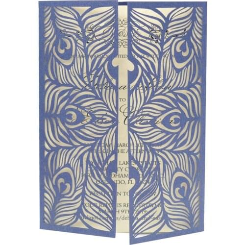 Wedding invitation covers peacock feather design gate fold laser cut luxurious wedding invitation card