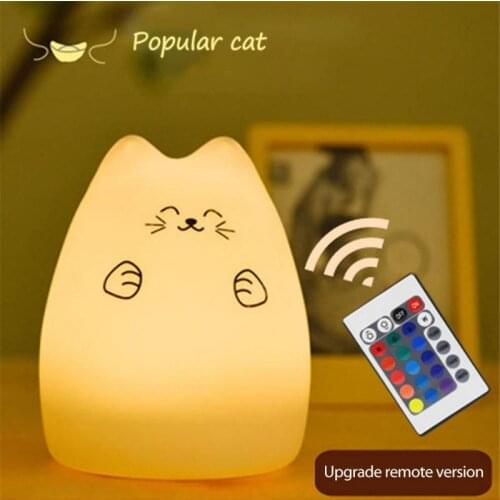 USB Rechargeable LED Night Light Cute Cat Silicone Animal 7 Colors Touch Sensor Lamp Childrens Bedroom Table Decor Remote Light