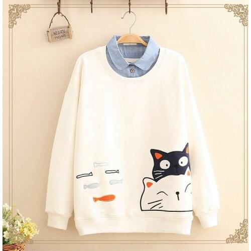 3color Cute Cartoon Cat Embroidery Kawaii Fake Two Pieces Hoodie Sweatshirt O-Neck Pullover Top Casual Long Sleeve Women Clothes