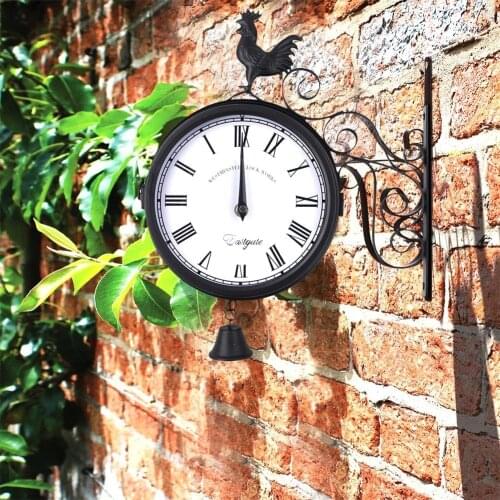 Retro Rooster Vintage Hanging Wall Clock Time Round Quartz Antique Decorative Garden Iron Art Outdoor Double Sided