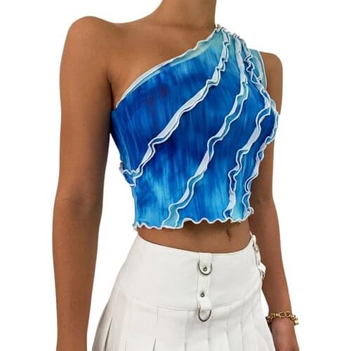 2021 Summer Fashion Woman Girls High Street One Shoulder Ruffles Tee Shirt Tops Ladies Clothes