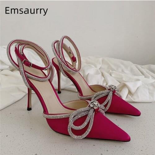 Multicolor Satin Ankle Wrap Party Sandals Women 10cm Thin Heel Point Toe Jeweled Crystal Butterfly-Knot Summer Sandalias