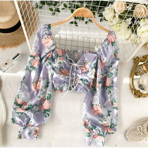 Spring 2020 new Women vintage slim floral print elastic cotton blends blouse puff sleeve short lace up sexy tops flower blusas