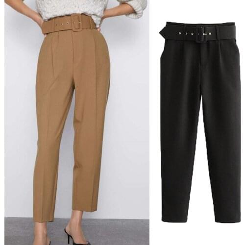 Ladies European and American fashion slim spring solid color pants with high-waisted belt trim Harlem pants
