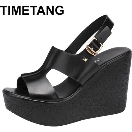 TIMETANG Womens Sandals Plus Size 34-43 Summer Open Toe Leather Ladies Shoe Sandals Women Platform Wedges Heels Female Shoes