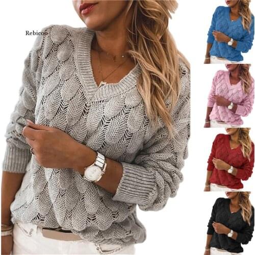 Fashion Trend Women Knitted Sweater Autumn Winter Hollow Out Feather Pattern Long Sleeve V-neck Pullover Casual Tops