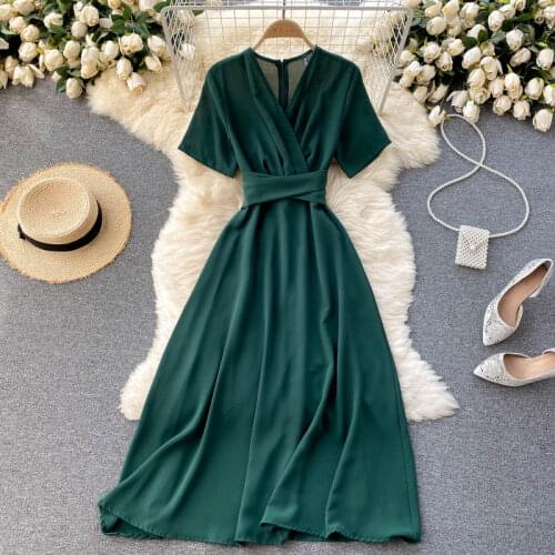 Elegant dress women 2021 new summer female temperament V-neck tie waist slim midi long solid color dress Lady dress vestidos