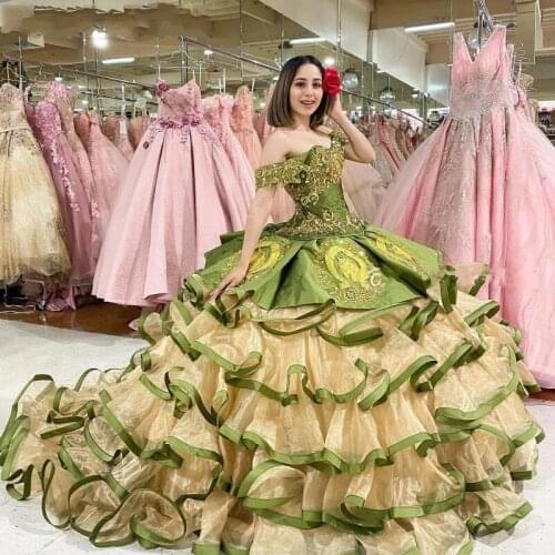 New Two Pieces Olive Green Quinceanera Dresses Embroidrey vestido de 15 años Ruffles Beaded Sweet 16 Dress vestidos de xv años