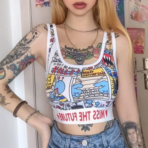 Womens Cartoon Print Short Vest Sexy Round Neck Halter Top Summer Fashion Vest Street Wear