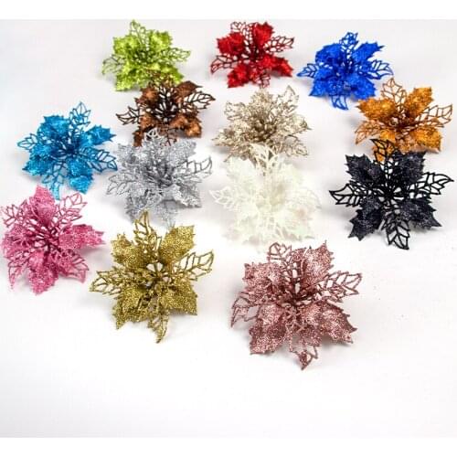 10pcs High quality Glitter Christmas Flower Artificial Flowers Merry Christmas Decorations for Home Tree Ornaments New Year Gift