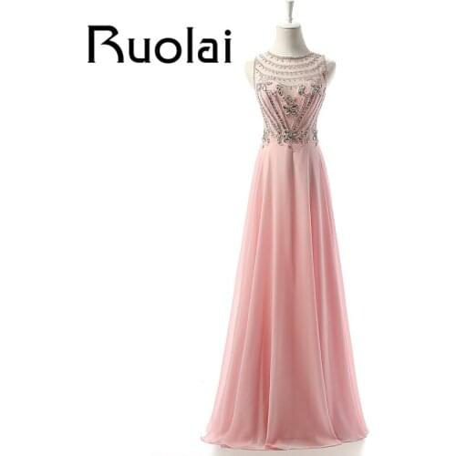 2017 Stunning Pink Chiffon Evening Dresses Long A-Line Scoop Sleeveless Beading Crystal Sheer Back Evening Gown Custom Made