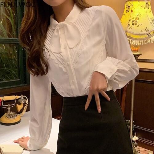 2021 Spring Autumn Basic Shirts Blouses Women Fashion Long Sleeve Elegant Office Lady Solid White Bow Tie Tops Blusas