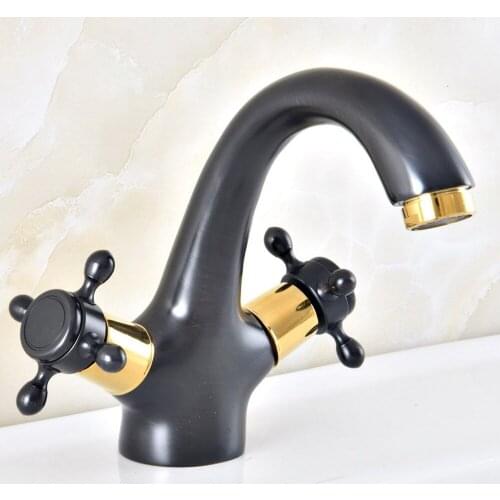 Black & Gold Brass Bathroom Faucet Basin Mixer Tap Double Cross Handle Single Hole Hot and Cold Water Nnf476