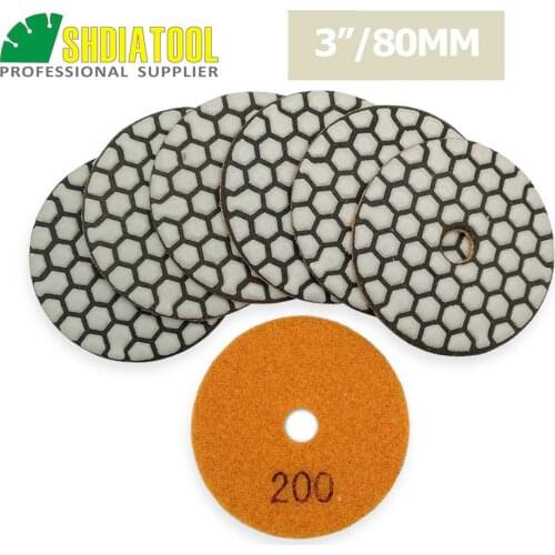 SHDIATOOL 7pcs 3inch #200 Diamond Dry Polishing Pads Resin Bond Flexible Sanding Disks For Granite Marble Ceramic Polisher Pad