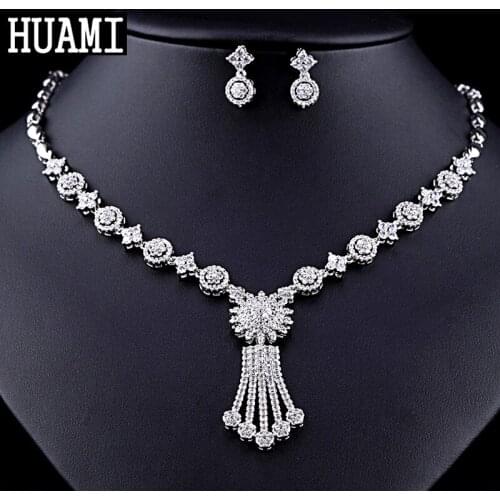 HUAMI Round Drop Earrings Necklace Women Jewelry Sets Bridal Tassel Pendant AAA Zircon Bead Chian Gift for Girlfriend Bijoux