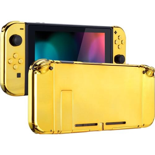 Chrome Gold Back Plate w/ Controller Housing Shell w/ Full Set Buttons for Nintendo Switch Handheld Console & Joy-Con