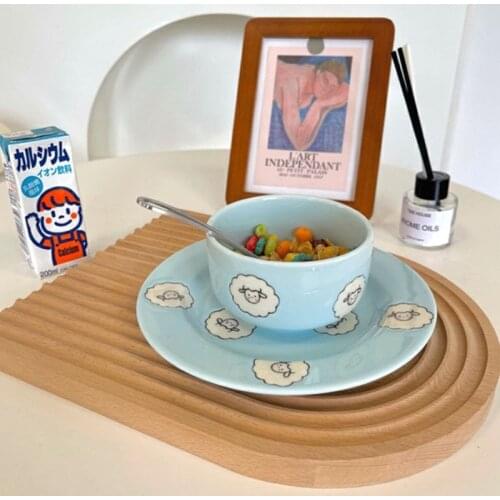 Creative Simple Blue Background Sheep Girl Heart Ceramic Salad Bowl Breakfast Dessert Net Red Set Meal Combination