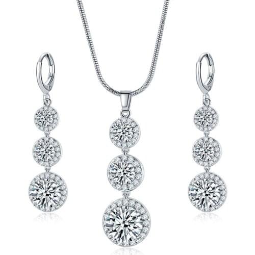 Hot Sale Female Three Round Zircon Fashion Silver Plated Long Dangle Neckalce Set Jewelry Party Engagement Gift