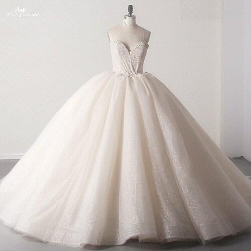LZ454 Charming Heavy Beaded Pearls Sequined Sweetheart Neck Sleeveless Wedding Dress Shiny Tulle Pleat Ball Gown