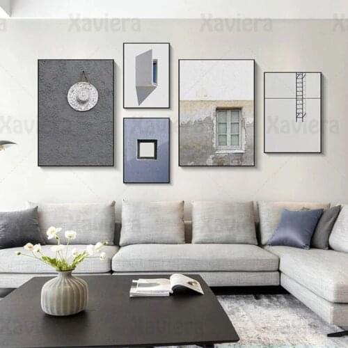 Minimalist Wall Art Corner Scenery Modern Window Straw Hat Stairs Painting Home Decoration Living Room Interior decoration Wall