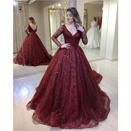 Fashion Plunging V Neck Low V Back Long Sleeve Bling Bling Lace Burgundy Evening Dresses